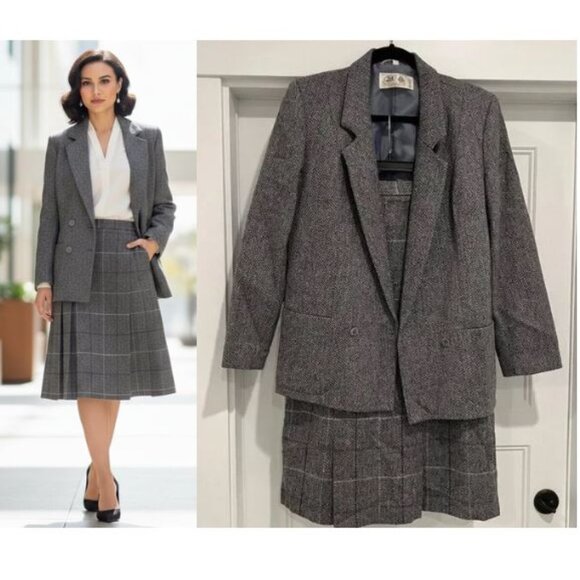 The Edinsburgh Woollen Mill Pure New Wool Gray Blazer Jacket & Skirt Set Size 10 - Picture 1 of 8